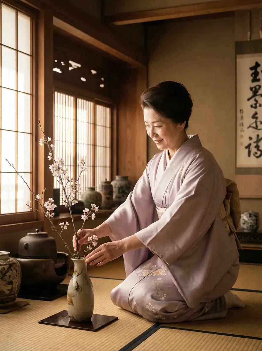 一位优雅的 佐山爱 在和室中插花